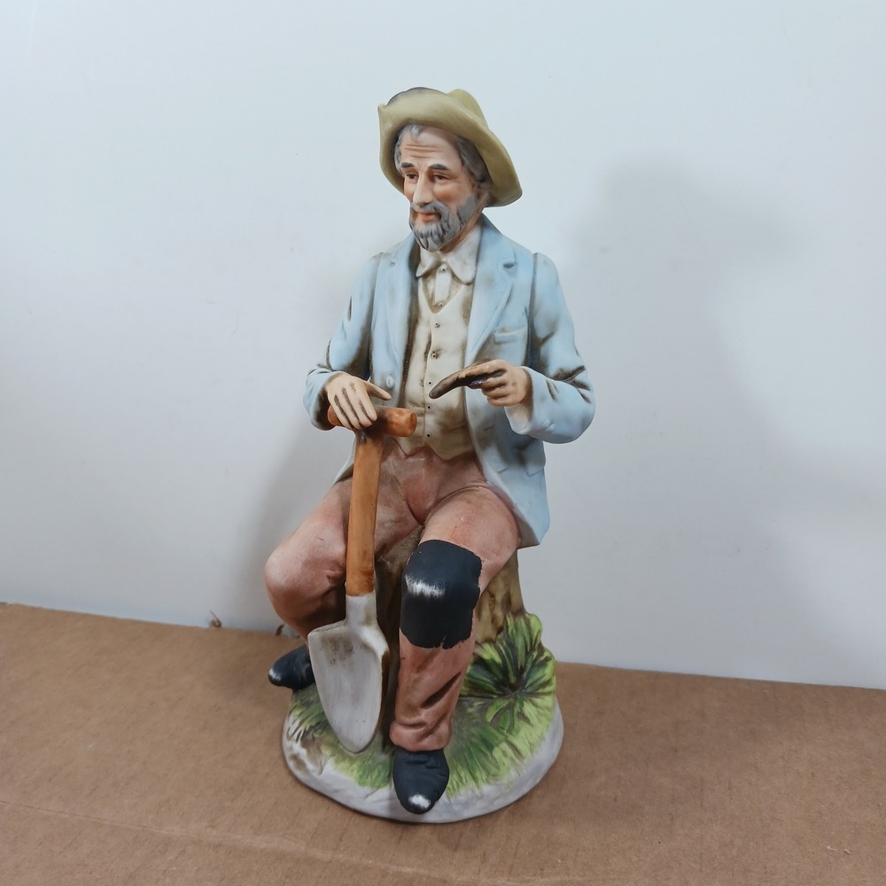 Vintage Porcelain Figurine Old Man with Shovel Blue Jacket Marked 1433